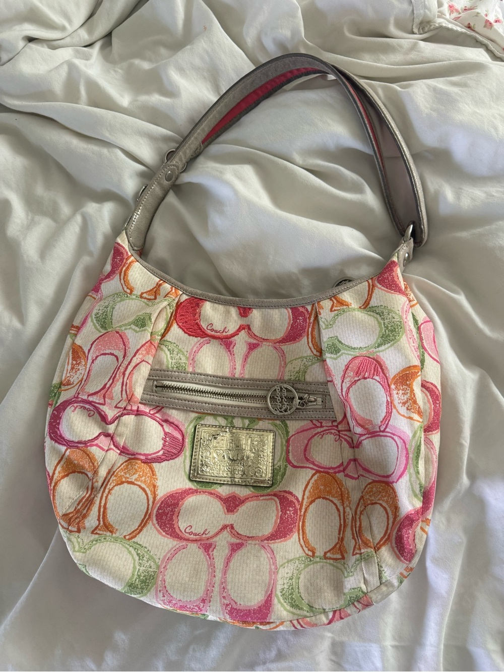 Coach Multicolor Signature Canvas Hobo — Pink, Orange, Green, Cream
